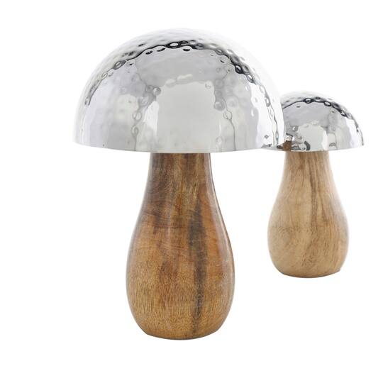 Stainless Steel & Wood Mushroom Hammered Sculpture Set